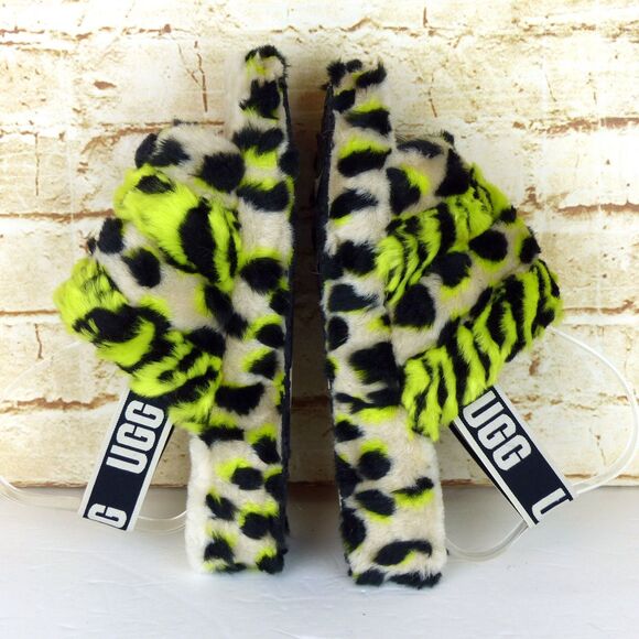 UGG Fluff Yeah Animalia Slippers Women 8 Neon Green Black Leopard Sandals Grunge - Picture 10 of 15